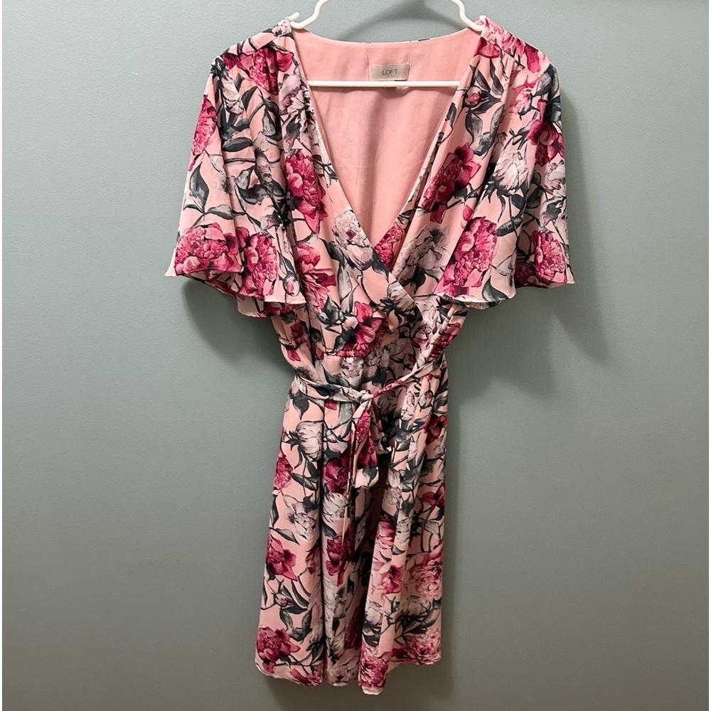 LOFT Pink Floral Wrap Midi Dress